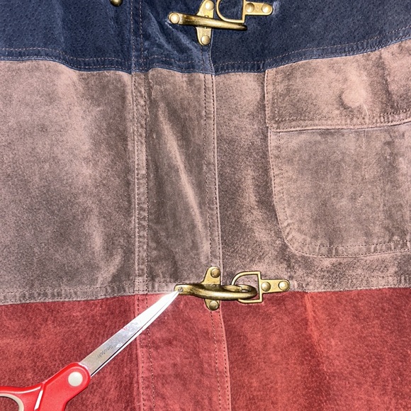 1980’s Vintage Colorblock Leather Suede Fireman Coat Hoodie Metal Clasps… - Picture 13 of 17